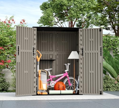 ZZM 57 Cu.ft Outdoor Storage Shed HDPE Storage Cabinet, Double-Wall Resin Sheds with Floor Vertical Lockable Sheds Garden Tools Trash Can, Lawn Mower, Bike Storage, Waterproof, Brown