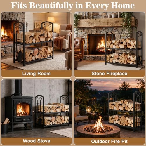 FEED GARDEN Firewood Rack with 4-Piece Fireplace Tools, Indoor Outdoor