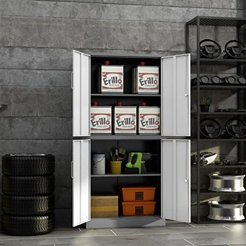 PEUKC Metal Storage Cabinet with Adjustable Shelves & Locking Doors, Tool Cabinets for Garage, Office, Home, School, Gym Storage (White Grey, 31.5" W x 15.7" D x 71" H - C)