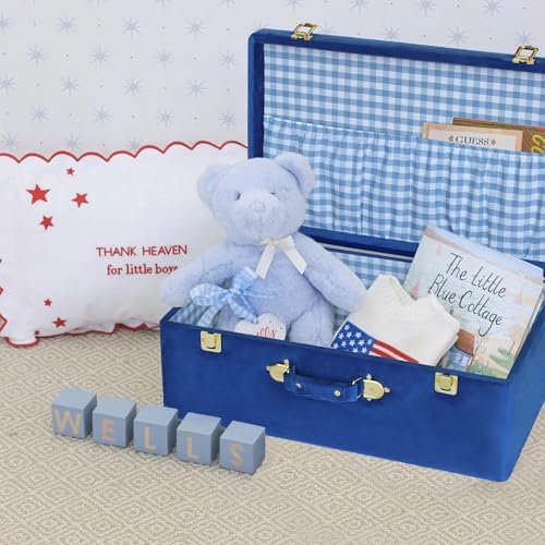 HofferRuffer Velvet Storage Trunks with Wood Frame, Set of 2 Storage Chests with Handles, Bedroom Organizer Nesting Upholstered Decorative Boxes Hinged Lid with Gold Hardware Accents (Blue Trunks)