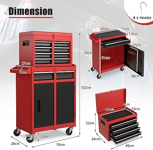 TANGZON Rolling Tool Chest Combo, Heavy Duty Lockable Tool Cabinet with Wheels, 5 Drawers, Adjustable Shelf, Hooks & Side Handle, 2-In-1 Detachable Tool Cart Trolley for Workshop Garage (Black+Red)