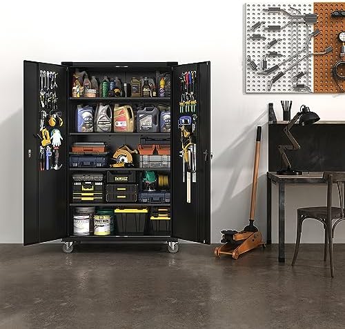 VINGLI Upgraded Wide & Deep Garage Storage Cabinet, Metal Storage Cabinet with Pegboards, Wheels, Locking Doors and Adjustable Shelves (Black, 43''W x 20''D x 72''H)