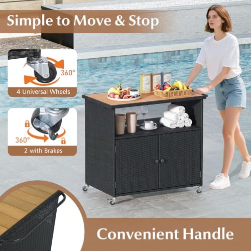HAPPYGRILL Outdoor Storage Cabinet with Wheels, PE Rattan Deck Box (Black)