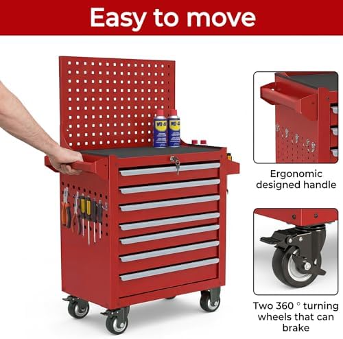Rolling Tool Chest with Wheels, 7 Drawers Metal Tool Box with Pegboard
