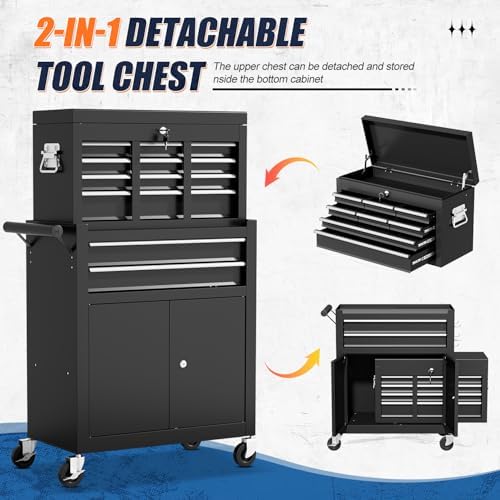 10-Drawer Rolling Tool Chest with wheels, Lockable 2-in-1 Tool Box