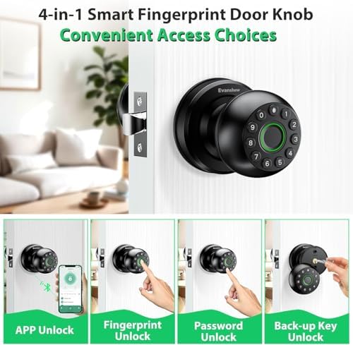 Smart Door Knob Fingerprint Lock 4-in-1 Keyless Entry (Fingerprint/App/Code/Key) Biometric Door with Auto-Lock Easy Install for Home/Bedroom/Office-Black
