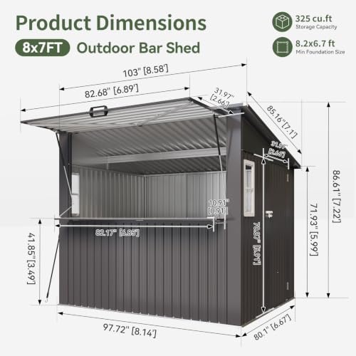 Aoxun 8x7 FT Outdoor Bar Shed with Canopy Black
