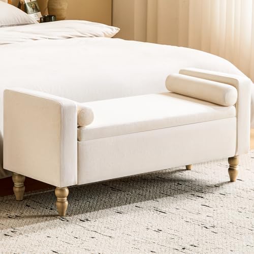 Storage Ottoman Bench, Upholstered End of Bed Bench Linen 45.7" Beige