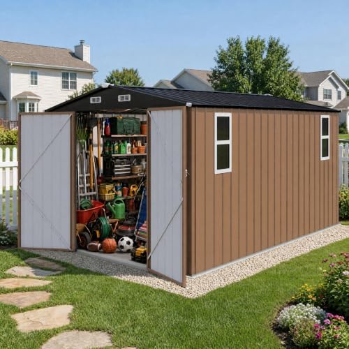 LAUSAINT HOME 10 x 12 FT Outdoor Storage Shed with Windows, Heavy Duty Galvanized Steel Storage Shed with Double Lockable Doors, Gable Roof & Air Vent for Backyard & Patio, Brown