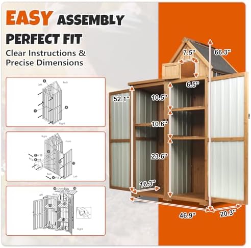 All-in-One Metal & Wood Outdoor Storage Cabinet with Top Compartment, Waterproof Asphalt Roof, Removable Shelves, Heavy-Duty Patio Garage Organizer