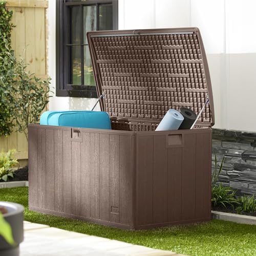 Plastic Development Group Outdoor Deck Box, Soft Close, Java, 130 Gal