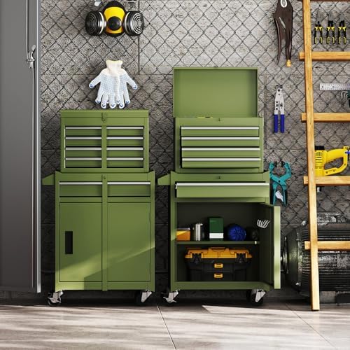 DREAMADE 5-Drawer Tool Chest Combo, Rolling Tool Cabinet w/Detachable Top Tool Box, Adjustable Shelves, Lockable Wheels, Metal Tool Box for Garage, Workshop, Repair Shop Storage (Olive Green)