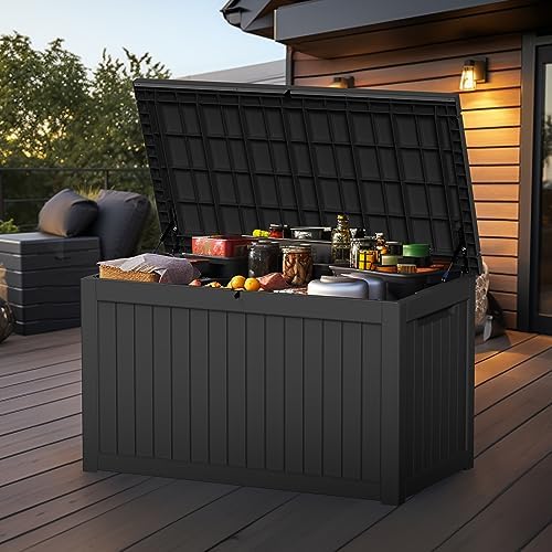 EasyUp 280 Gallon Outdoor Storage Box Waterproof, UV Resistant Resin Deck Box with Hydraulic Rod, Reinforced Stability for Patio, Garden,Striped Black