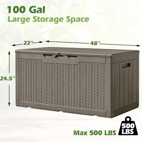 Greesum 100 Gallon Resin Deck Box Large Outdoor Storage, Imitation Rattan Weave Texture for Patio Furniture, Garden Tools, Pool Supplies, Weatherproof and UV Resistant, Lockable, Light Coffee
