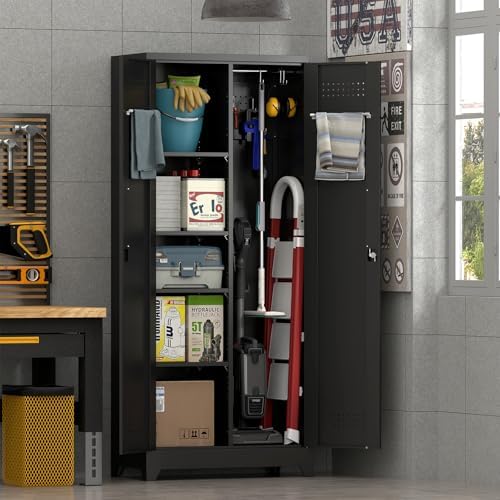 IRONFFICE Metal Utility Closet,Broom Closet Storage Cabinet with Doors and Shelves,Locking Storage Cabinets for Home Office,Gym,Laundry,Black