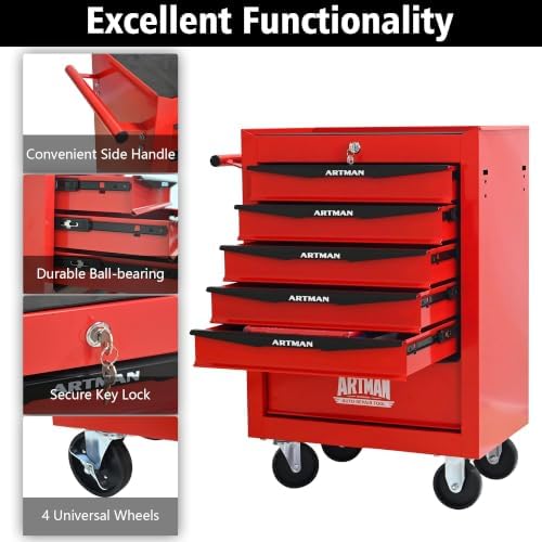 Heavy Duty 6-Drawer Rolling Tool Chest, Key Lock Tool Storage Cabinet with Lockable Casters & Drawer Liners, Mobile Tool Organizer Cart for Garage Workshop Warehouse Repair Shop (Red)