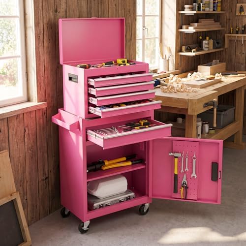 Rolling Tool Chest, 5-Drawer Tool Storage Cabinet with Wheels, Adjustable Shelf & Anti-Slip Liner, Tool Box Organizer for Garage, Warehouse & Workshop (Pink)