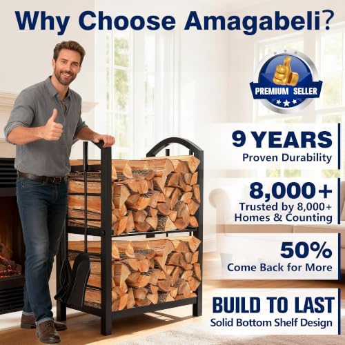 AMAGABELI GARDEN & HOME 30in Firewood Rack Indoor with Tools 5-Piece Fireplace Tools Set Wood Holder Outdoor Wrought Iron Log Holder Firewood Storage Rack for Fireplace,Fire Pit,Wood Stove Black