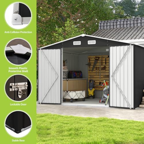Aoxun 10 x 8FT Outdoor Storage Shed with Double Hinged Large Door, Black