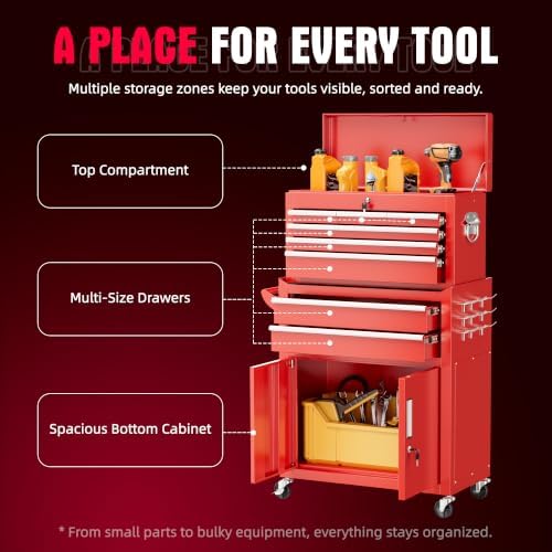 Bonusall 8 Drawer Rolling Tool Chest and Cabinet Combo,Heavy-Duty Metal Garage Tool Chest with Wheels and 2 Doors,2-in-1 Top Box and Roller Cabinet Combo for Garage, Workshop, Warehouse-Red