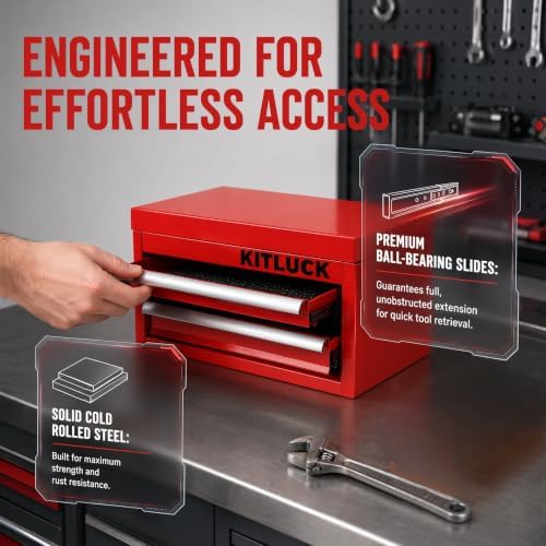 KITLUCK Mini Metal Tool Box, 2-Drawer Top Chest with Ball Bearing Slides, PVC Linerst, Durable Cold Rolled Steel Small Tool Organizer for DIY Home Office Multi-Purpose Storage,Red