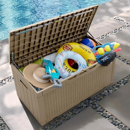 Greesum 100 Gallon Resin Patio Storage Box for Garden Tools, Coffee