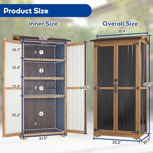 Outdoor Storage Cabinet Weather-Resistant, Wood & Metal Storage Shed with 3 Removable Shelves, Waterproof Roof, Adjustable Feet, Patio Storage Cabinet Outside for Garden Garage Backyard Pool