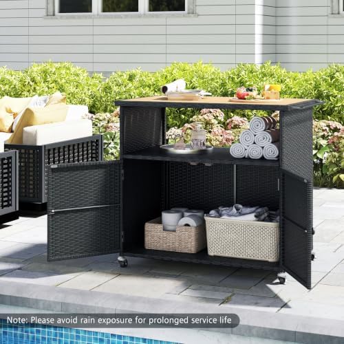 HAPPYGRILL Outdoor Storage Cabinet with Wheels, PE Rattan Deck Box (Black)