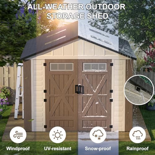 8x12 Ft Outdoor Storage Shed with Floor, Large Resin Outdoor Shed with Lockable Doors, 5 Fixed Windows & 6 Skylights, HDPE Garden Sheds for Backyard, Lawn Tools, Pool & Bike Supplies, Khaki