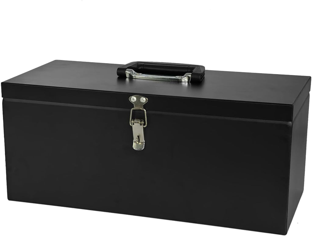 Peastorm Small Steel Metal Tool Box, Lockable Storage Box for Storing Valuable Items, Office Documents, Garage Tools (16" Black)