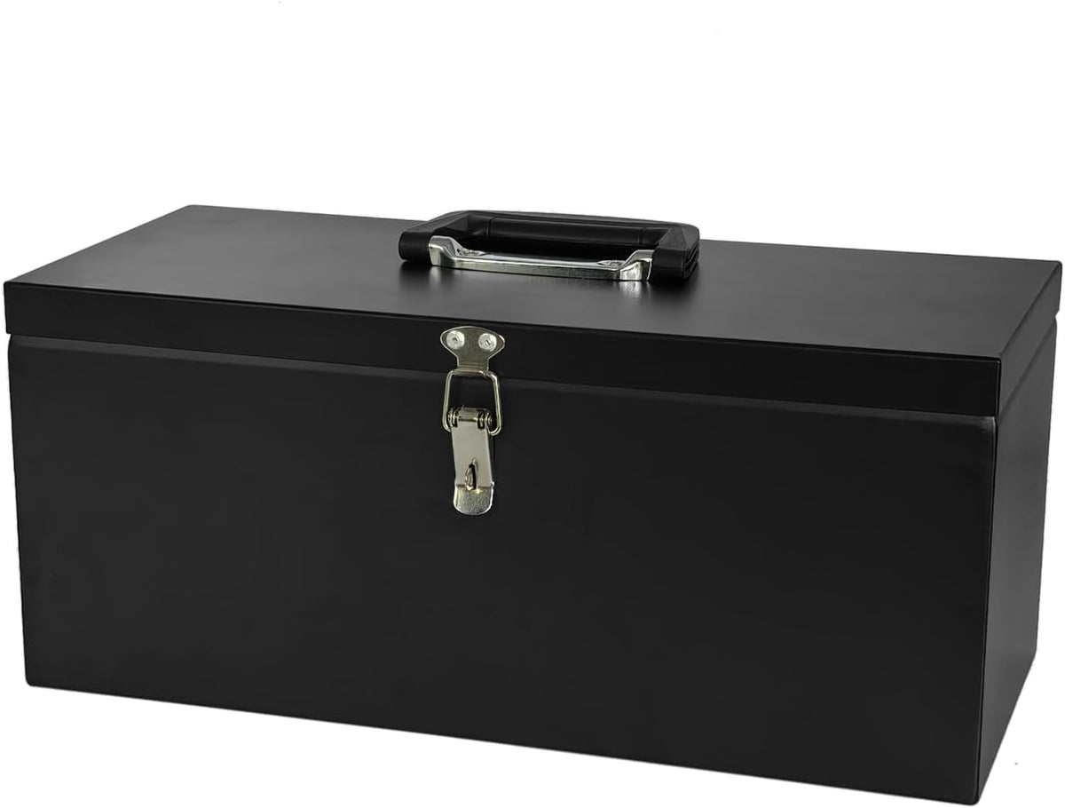 Peastorm Small Steel Metal Tool Box, Lockable Storage Box for Storing Valuable Items, Office Documents, Garage Tools (16" Black)