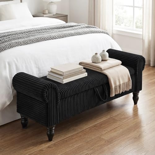 55" Corduroy Storage Ottoman Bench, Queen Bed, Black