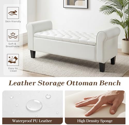 ECOTOUGE 55" Storage Ottoman Bench for Living Room, End of Bed Bench with Rolled Arm Leather Ottoman with Storage Upholstered Entryway Bench Retro Style Footboard Bench for Bedroom, Cream White