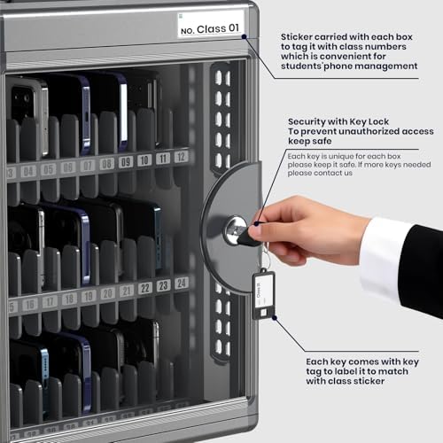 24 Slots Cell Phone Locker for Classroom with Key, Portable Mobile Phone Storage Box with Handle & Charging Hole, Phone Lock Box Wall Mounted for School (Black, 24 Slots)