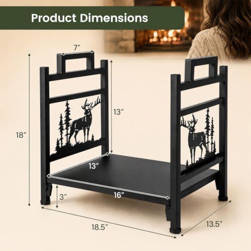 Goplus Firewood Rack Outdoor, 18.5” Metal Firewood Holder w/Mesh Sides & Base, Decorative Deer Patterns, Handle, Indoor Log Storage Rack, Small Wood Rack for Fireplace, Woodstove (18.5" x 13.5" x 18")