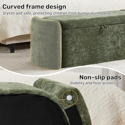 Oval Ottoman Bench with 20 Gal of Storage Space Upholstered Chenille Seat End of Bed Storage Bench Storage Ottoman with Storage for Bedroom, Living Room, Entryway, Window(Green)