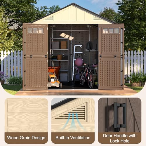 8x6 Ft Outdoor Storage Shed with Floor, Large Resin Outdoor Shed with Lockable Doors & 2 Fixed Windows, HDPE Garden Sheds Weatherproof for Backyard, Lawn Tools, Pool & Bike Supplies, Khaki