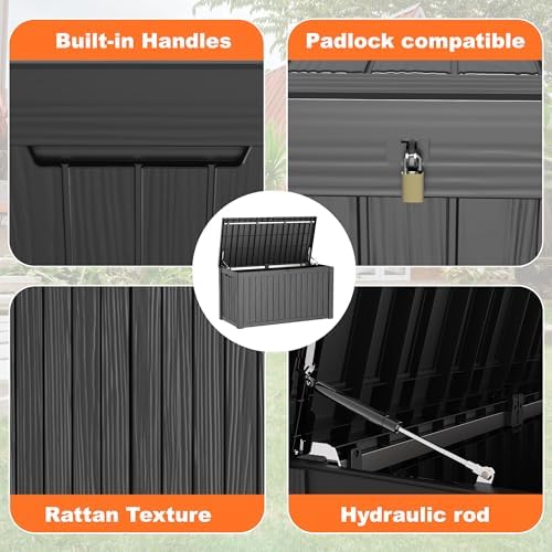 180 Gallon Outdoor Deck Box, Lockable Waterproof Outdoor Storage Boxes For Garden Tools,Indoor Cushions,Accessories Outside Storage Resin Weatherproof Container(Black)
