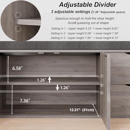 LVB 2-Tier Storage Bench with Padded Cushion, Entryway Bench with 2 Drawers