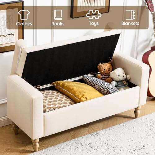 Storage Ottoman Bench, Upholstered End of Bed Bench Linen 45.7" Beige