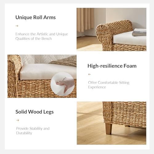 56" Rattan Storage Bench with Rolled Arms, Bohemian Farmhouse End of Bed Upholstered Benches, Interior Divided Entryway Footstool with Solid Wood Legs, Natural