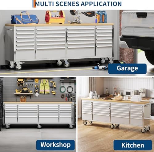 Rolling Tool Chest with Power Strip & Rubber Wood Top - 96 Inch Garage Workbench, Drawer Storage Cabinet Tool Box, Mobile Workstation