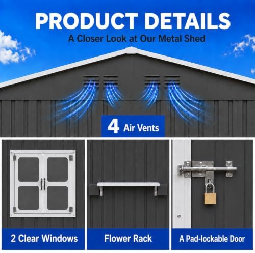 10x8 FT Outdoor Storage Shed with 2 Clear Windows, Metal Garden Shed with Flower Racks & Baskets, Outside Tool Shed with Lockable Double Doors, Waterproof Storage Building for Backyard, Coal Gray