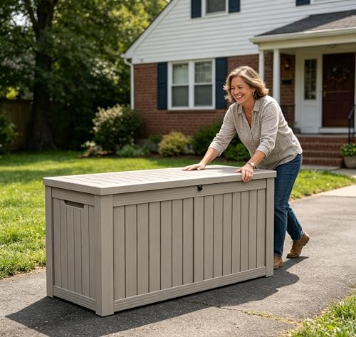 LAUSAINT HOME 150 Gallon Resin Deck Box, Package Delivery Box with Lockable Lid, Waterproof Outdoor Storage Box For Garden Tools, Patio Cushions(150 Gallon,Grey)