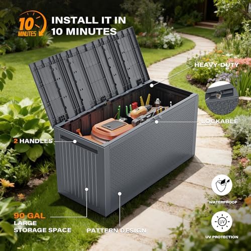 VINGLI 90 Gallon Lockable Durable Outdoor Storage Box, Grey