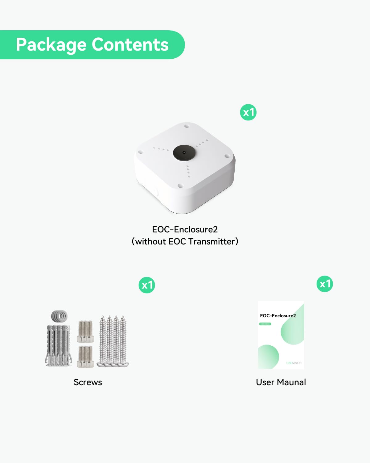 linovision eoc transmitter camera mount box, ip66 waterproof, package contents