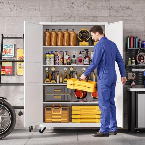 Metal Garage Storage Cabinet with Wheels, Wide & Deep Storage Cabinet with Door and Adjustable Shelves, 71" Rolling Tool Cabinet for Garage, Basement, Home Office