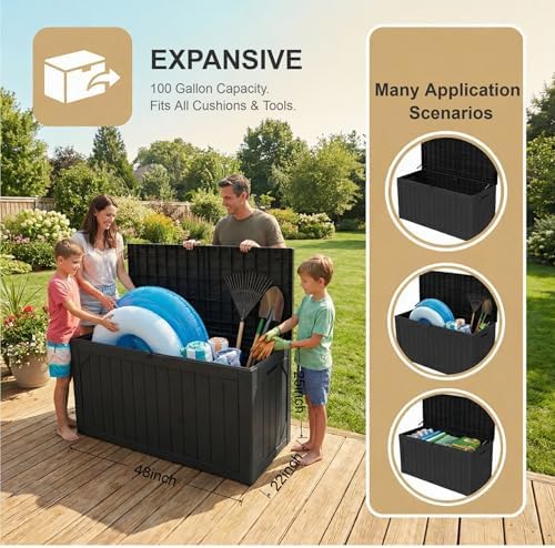 100 Gallon Outdoor Storage Bench - Waterproof Deck Box with Lock, UV Resistant Resin, Patio Furniture & Garden Tool Organizer, 400lb Capacity, Easy Assembly (Black, 1 Pack)