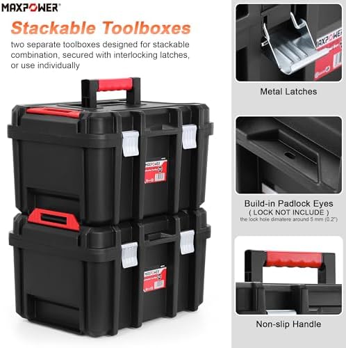 MAXPOWER 16-inch Stackable Tool Box, 10" H, Metal Latches, Removable Tray