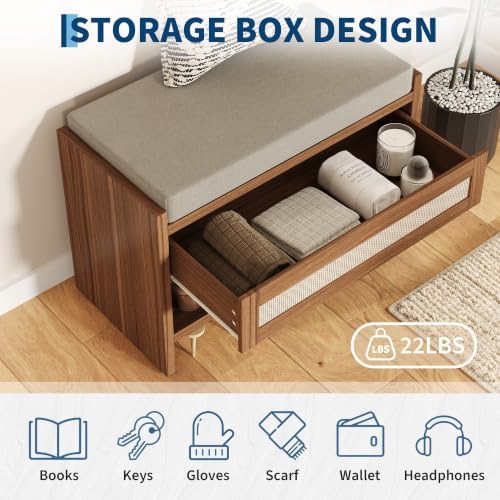 Garvee 31" L Farmhouse Shoe Bench with Storage Drawer & Linen Cushion